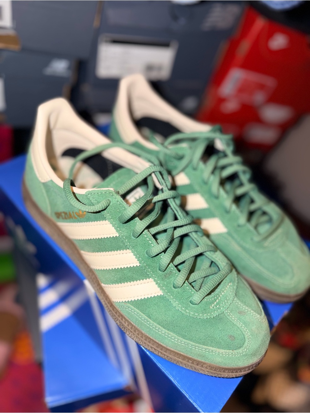 adidas Spezial Women Mint Green Suede Sneakers with Cream Stripes - Picture 2 of 4
